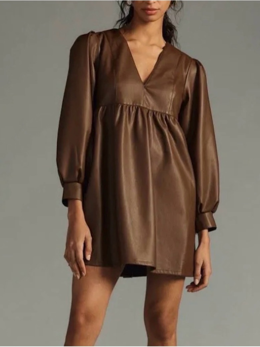 Anthropologie Brown V-Neck Puff-Sleeve Babydoll Dress Faux Leather
